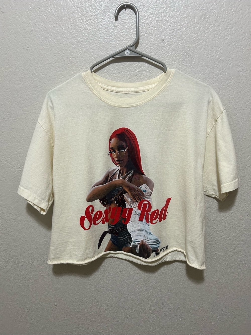 Sexyy Red Cropped Graphic Tee Large Cream Money Stack Rap Hip Hop Y2K